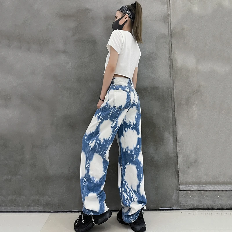 

[EAM] High Elastic Waist Blue Pattern Long Wide Leg Denim Trousers New Loose Fit Pants Women Fashion Spring Summer 2021 1DD9955