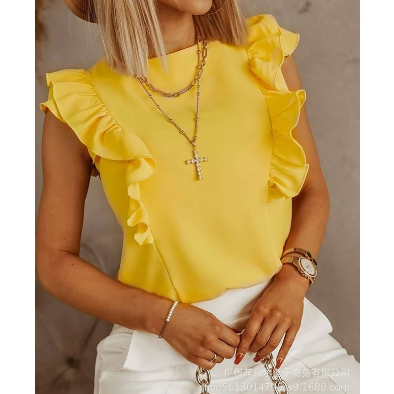 

WEPBEL T-shirt Women's Casual Solid Color Ruffles Stitching T-shirt Summer Sleeveless O-Neck Loose Lace-up Backless T-shirt