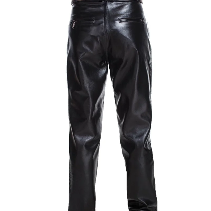 Men Leather Genuine Pants Mid-rised Pants Spring Autumn Winter Warm Pockets Casual Straight Pants Zipper Men's Full Length Pants