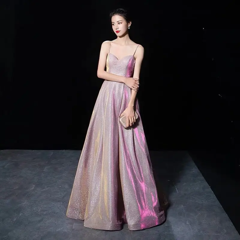 

Sexy Spaghetti Strap Cheongsam Elegant Host Celebrity Banquet Dress Gown Dreamy Starry Sky Pink Qipao Charming Backless Vestidos