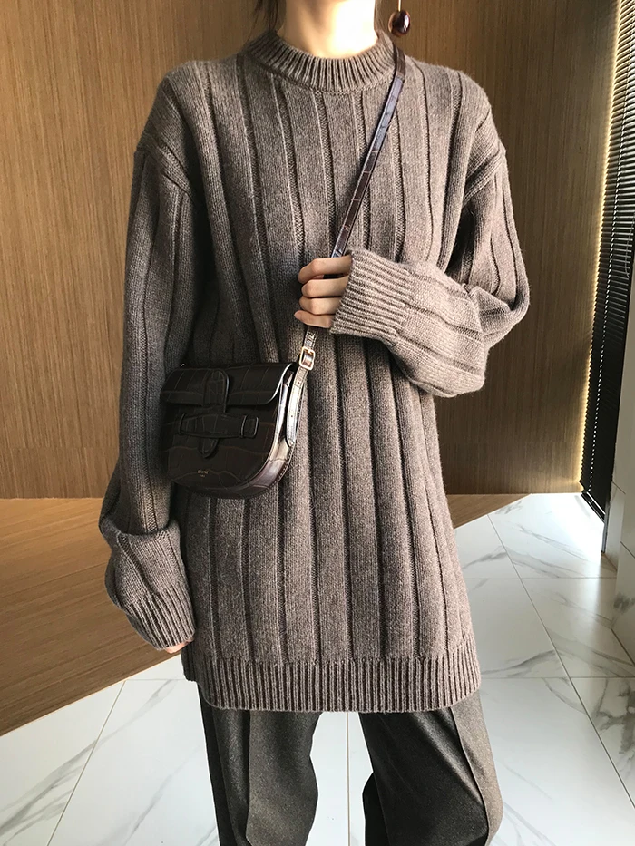 

Fall Winter 2019 vintage o neck long stripe wool cashmere sweater women