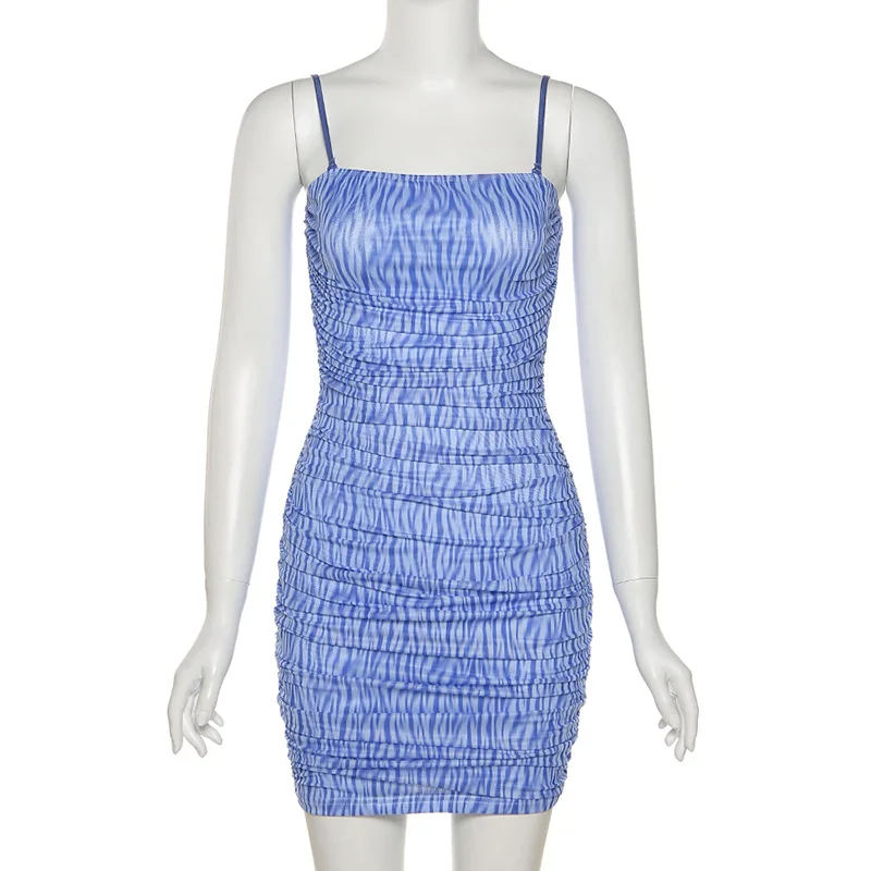 

Sexy Sheer Mesh Print Strap Ruched Mini Dress Women Club Party Birthday Outfits Sleeveless Summer Bodycon Dress Vestido