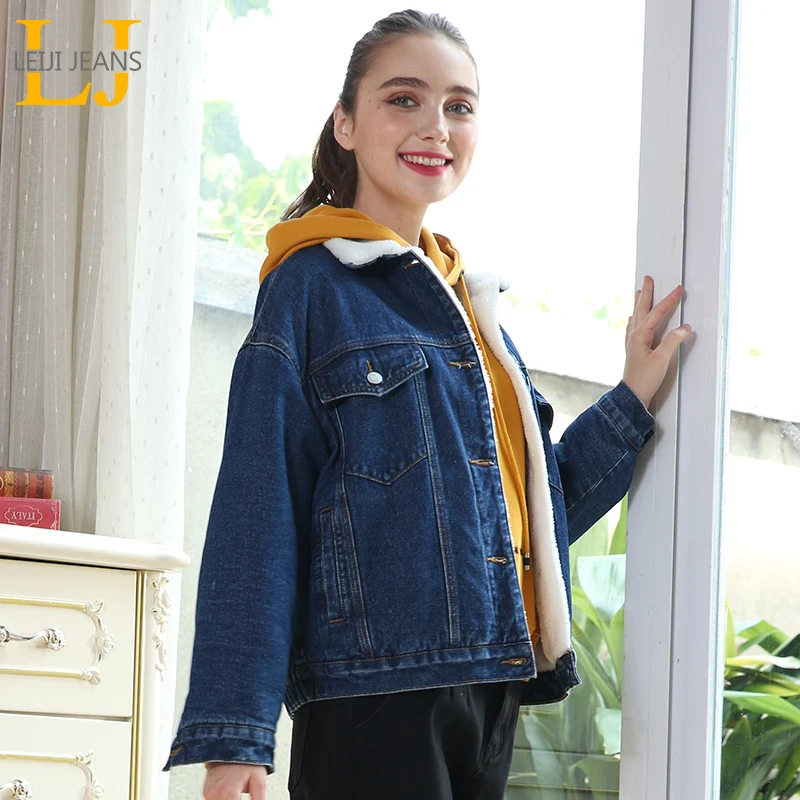 Женская теплая джинсовая куртка LEIJIJEANS повседневная из денима с начесом новая