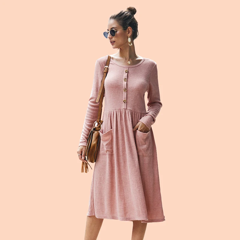 Осеннее трикотажное платье женское повседневное с длинным рукавом а-силуэта