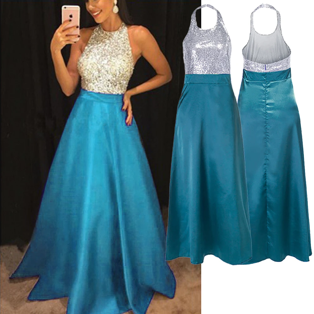 Сексуальное платье без рукавов с пайетками и лямкой на шее женское атласное