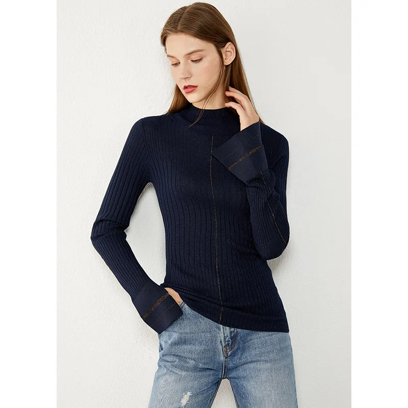 AMII Minimalism Autumn Fashion Women Sweater Causal Solid Stripe Slim Fit Turtleneck Female Pullover Tops 12030382 | Женская одежда
