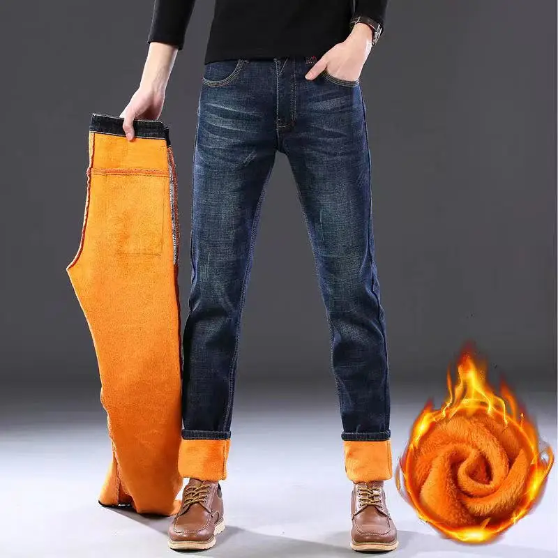 Зимние мужские теплые джинсы синие утепленные флисовые прямые джинсовые брюки в