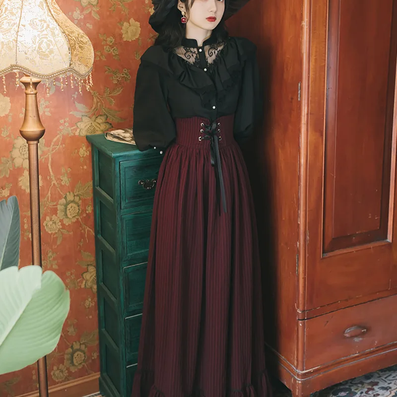 

Women's French girl European retro long sleeve shirt palace lace classic two piece dress goddess