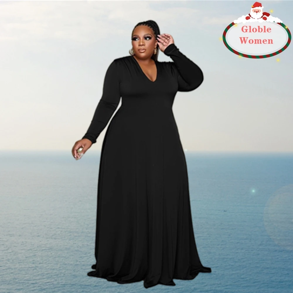 

Globle Plus Size Women Clothing Pure Color Casual Dresses Long Sleeve V-neck Fall Clothes 5XL Maxi Dress Wholesale Dropshipping
