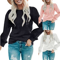 women pullover sweater solid hollow out lantern long sleeve pullover top casual o neck loose female clothes sueters de mujerfs
