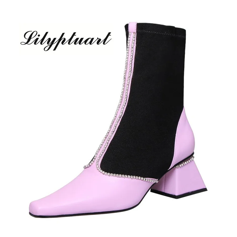 

2019 European and American style mixed material rhinestone decorative booties square head shaped with ankle boots for women
