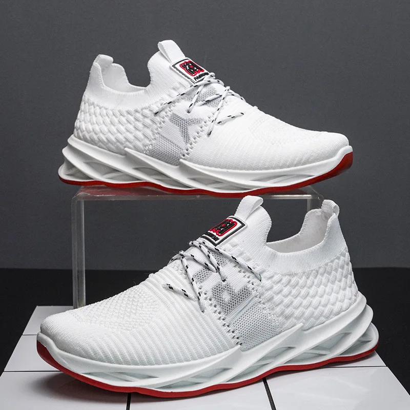 

Men'S White Fashion Sneakers Lightweight Breathable Casual Hollow Lace-Up Soft Sole Outside Running Steel Toe Heel Brand Shoes