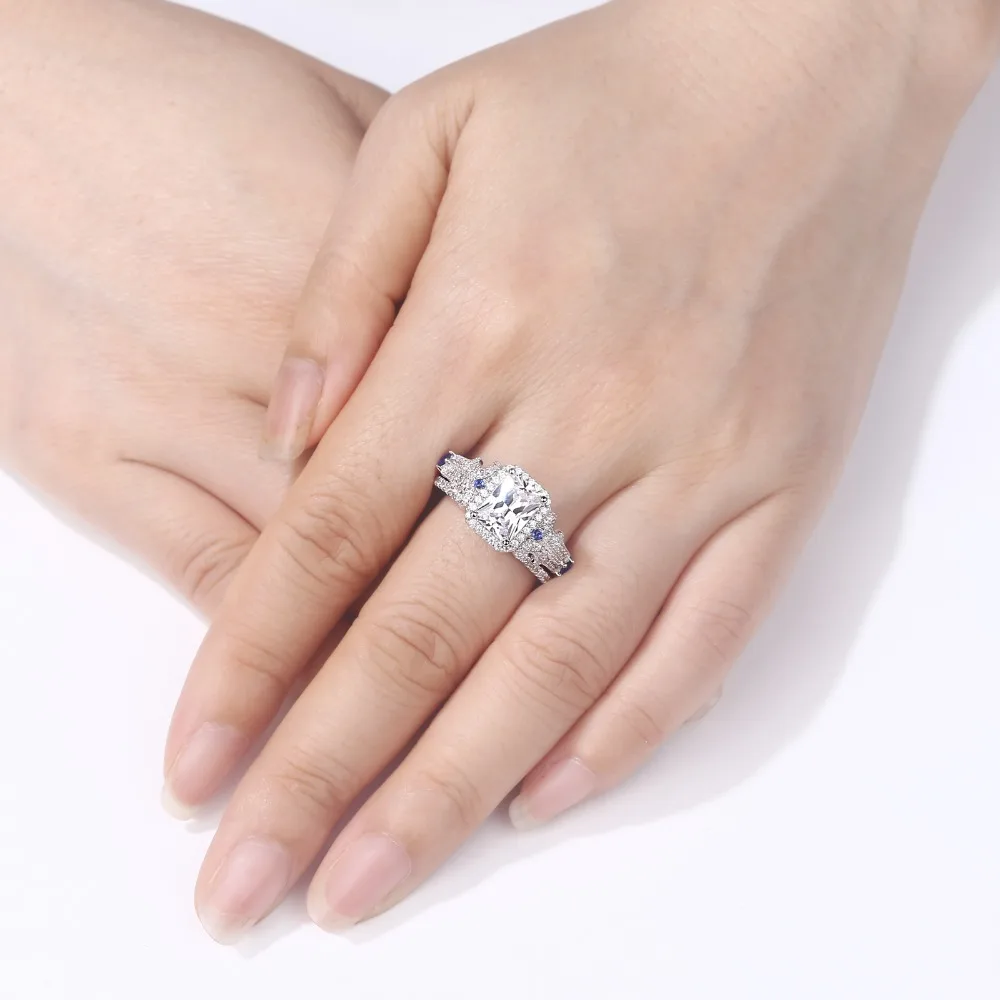 Newshe Classic Bridal Set Wedding Engagement Rings For Women 925 Sterling silver Princess Cut White Blue AAA Cubic Zirconia