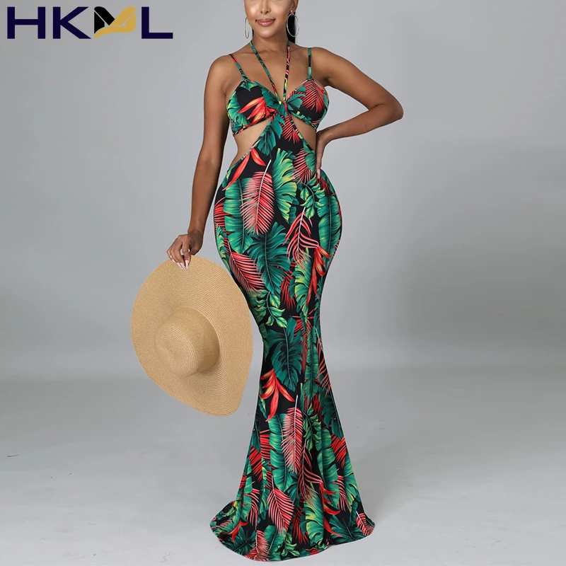 

2021 Women Dress Backless Mermaid V-Neck Hollow Sapghetti Strap Printed Sleeveless Halter Maxi Dress
