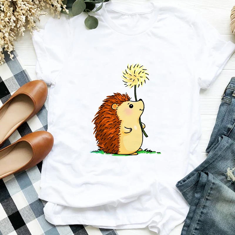 

2020 summer new female hedgehog t-shirt with dandelion t-shirt loose short-sleeved female t-shirt with round neck t-shir