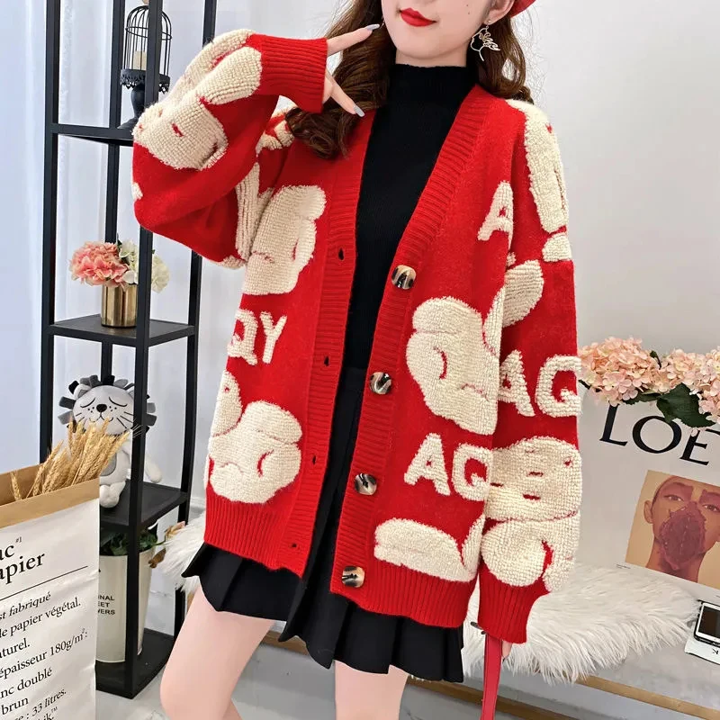 

COSON Autumn Winter Women's Cardigan Jacket 2020 Cartoon Print Loose Sweater Coat V Neck Letter Print Knitted Cardigan For Women
