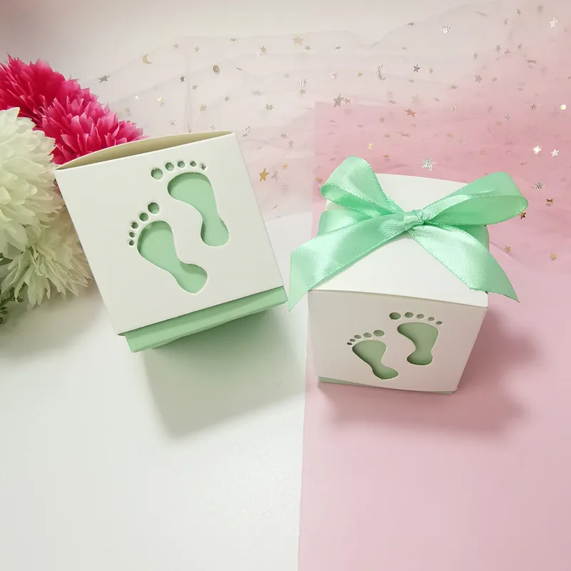

10/20/50pcs Footprint Gift Box for Baby Shower Birthday Party Supplies White Paperboard Candy Boxes Ribbon Pink Bowknot Bag