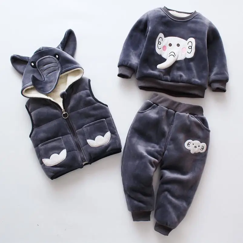 Children's suit winter clothes baby boy Velvet warm girl cartoon cute plus velvet thick hooded sweater three-piece | Детская одежда