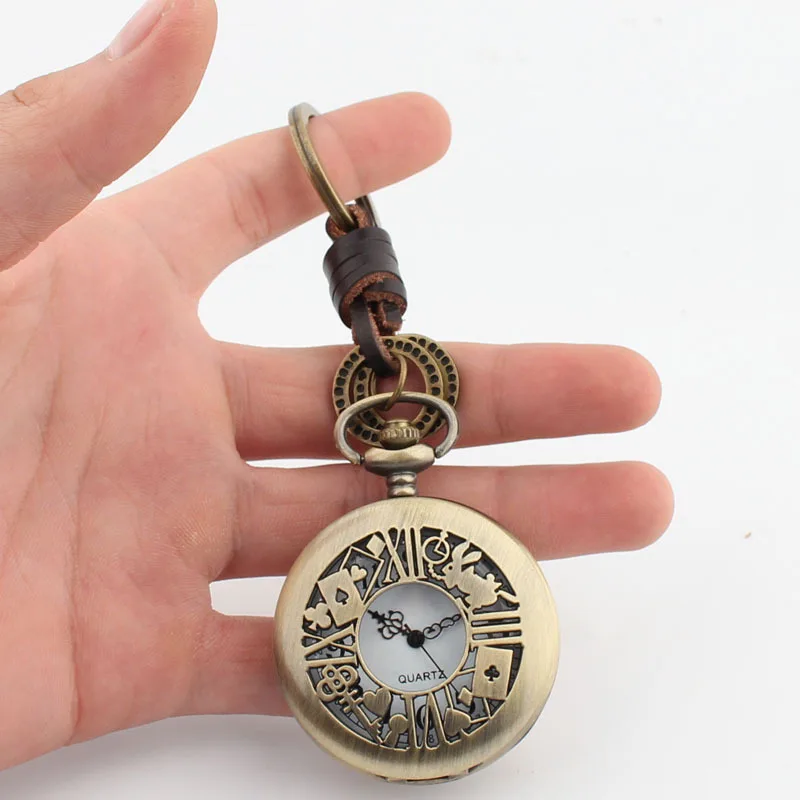 

Alice In Wonderland Vintage Pocket Watch Alice and Rabbit Flip Hollow Pattern Quartz Pocket Watch Leather Key Hook