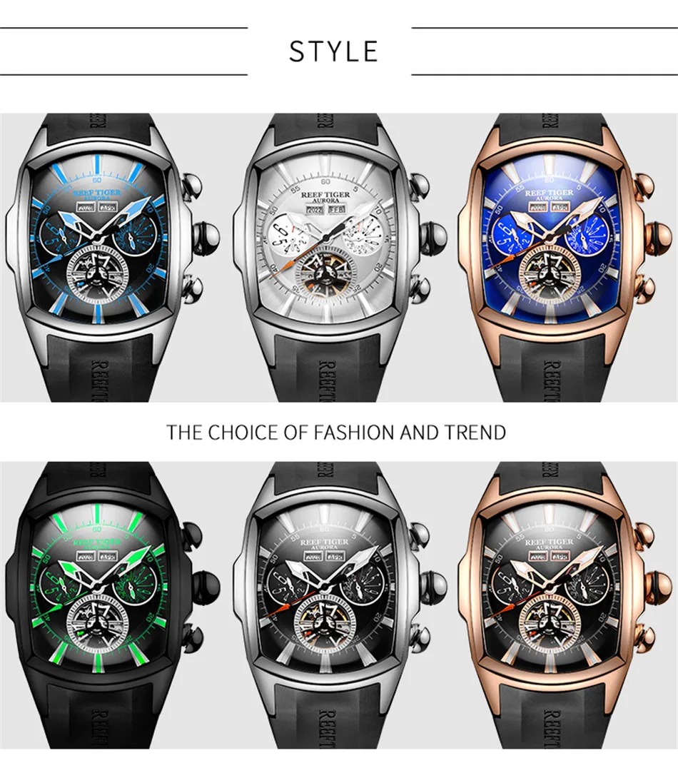 Топ бренд Reef Tiger Reloj Hombre Роскошные Tourbillon циферблат автоматические часы с резиновым ремешком механические водонепроницаемые мужские часы даты Relogio Masculino+ подарок