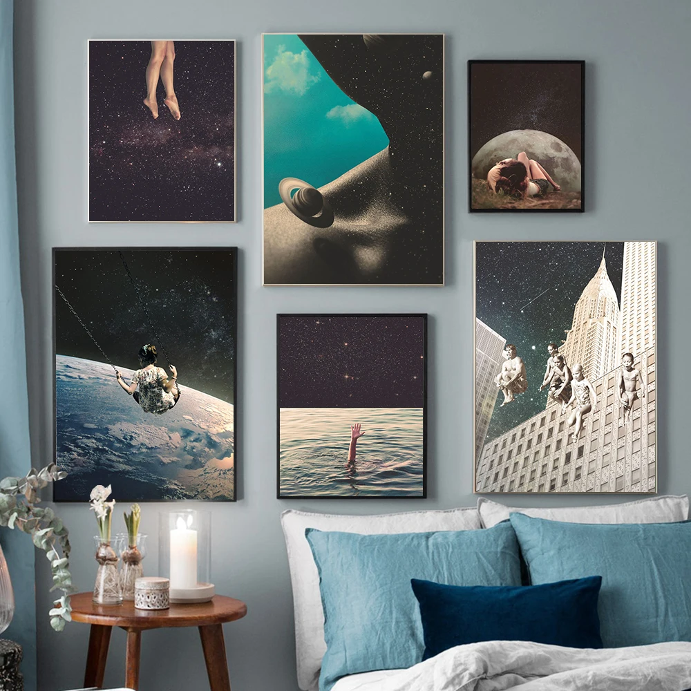 

Girl Swing Canvas Painting Under Night Sky Surrealism Galaxy Space Moon Wall Art Picture Poster Prints Home Decoration Bedroom