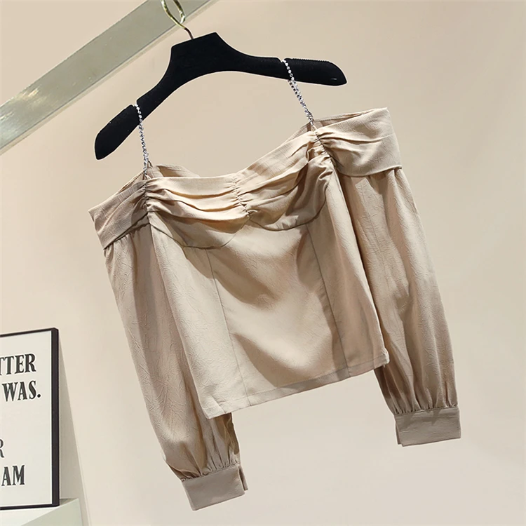 

Spring Sling Off-Neck Korean Style Chiffon Shirt Women's New 2021 Fashion Short Blouse Long Sleeve off shoulder Ladies Tops