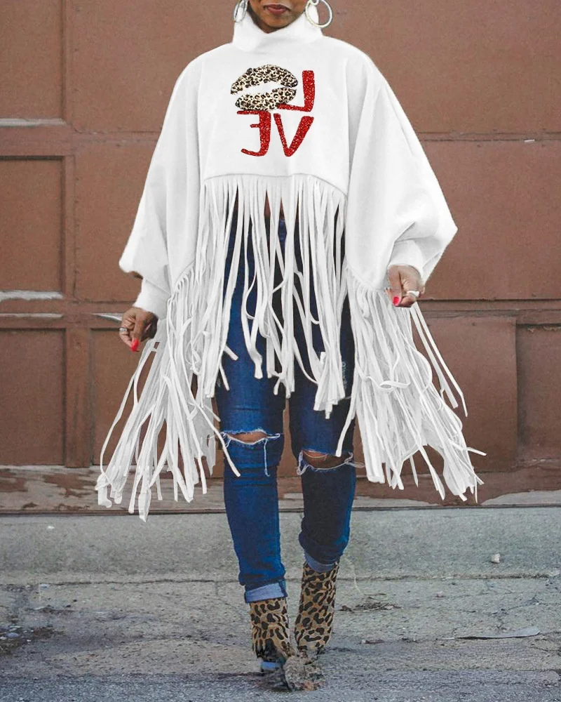 

White Printed Tassel Top Women 2021 Fall New Fashion Long Sleeve Casual Pattern Long Sleeve Top