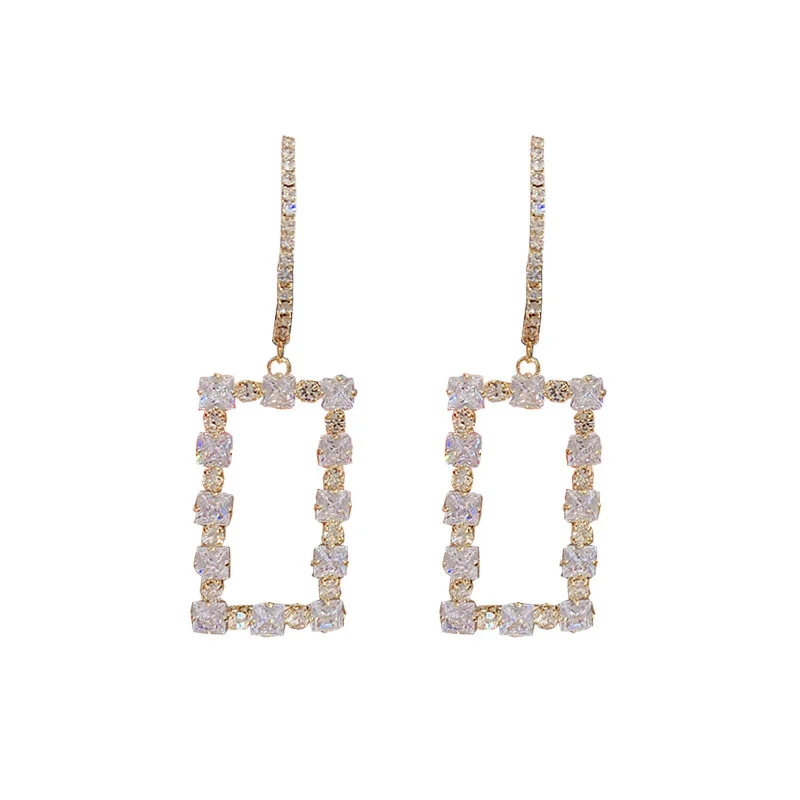 

European and American Fashion 14K Real Gold Inlaid Zircon Long Earrings Woman Shiny Crystal Exquisite Earrings Pendant Jewelry