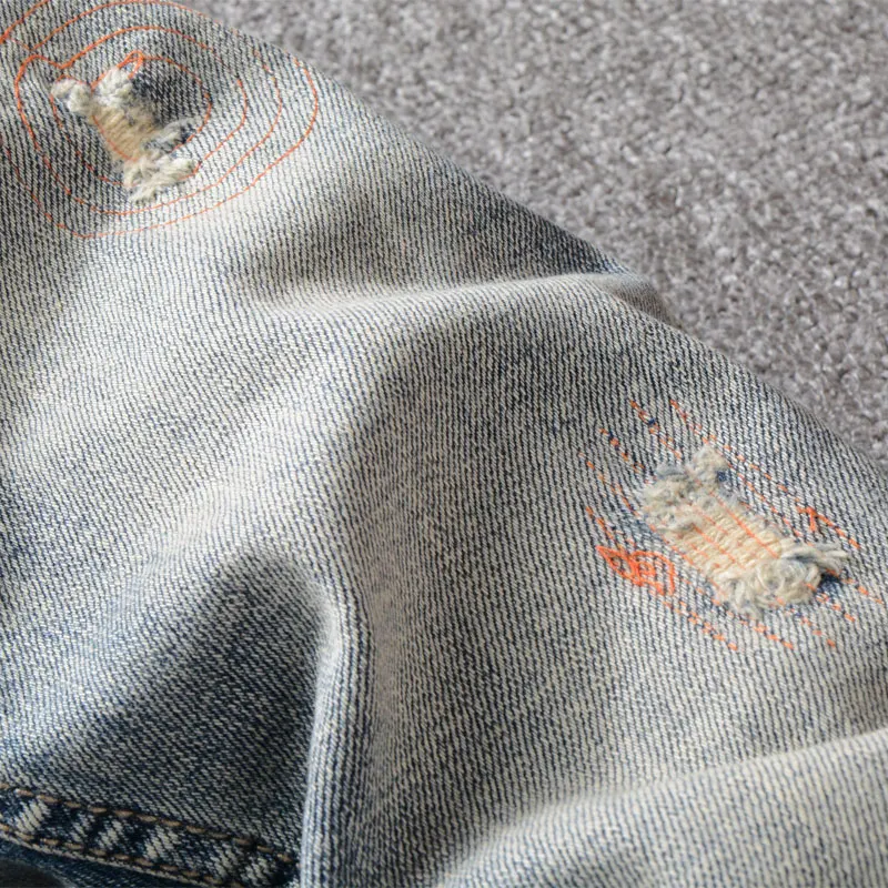 European Street Fashion Men Jeans Retro Blue Vintage Slim Fit Ripped Jeans Men Patch Embroidery Designer Casual Denim Punk Pants