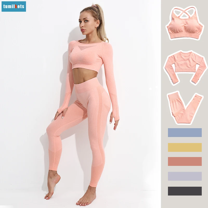 

2 Piece Women Seamless Yoga Set Gym Workout Clothing Trauksuit For Women Sling Off Waist Sports Bra Top High Waist Leggings Set