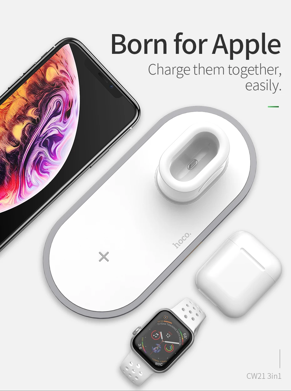 HOCO CW21 3 в 1 Беспроводное зарядное устройство для Apple Watch 4 3 2 1 быстрое зарядное устройство для airpods iPhone 11 X XS MAX 8 QI Беспроводная зарядная панель