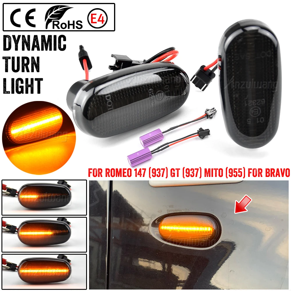 

2x Smoked Sequential Dynamic Amber Front Led Side Marker Lights Lamp For Alfa Romeo 147 GT 937 MiTo 955 For Fiat Bravo II 198