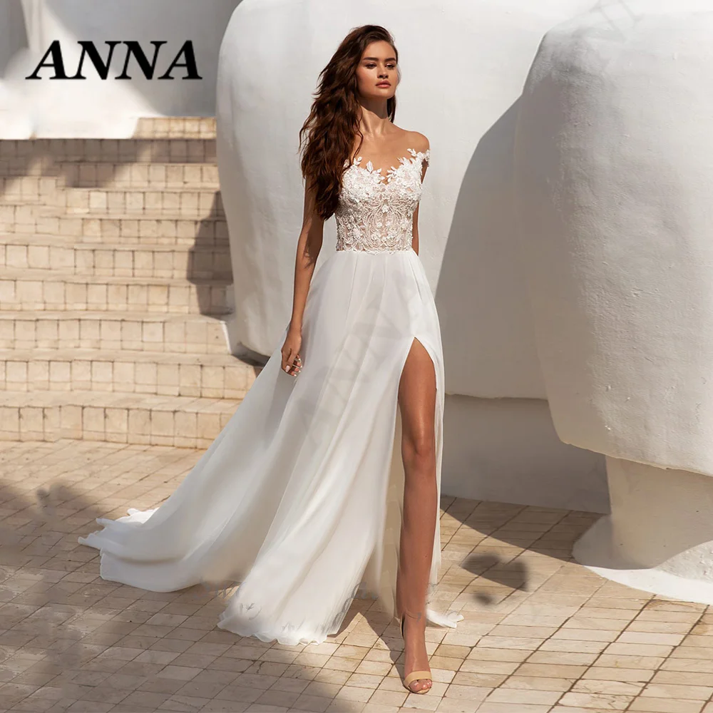 

Женское свадебное платье с аппликацией Anna Beauty, элегантное пляжвечерние платье из тюля с круглым вырезом, простой наряд в стиле бохо, 2021