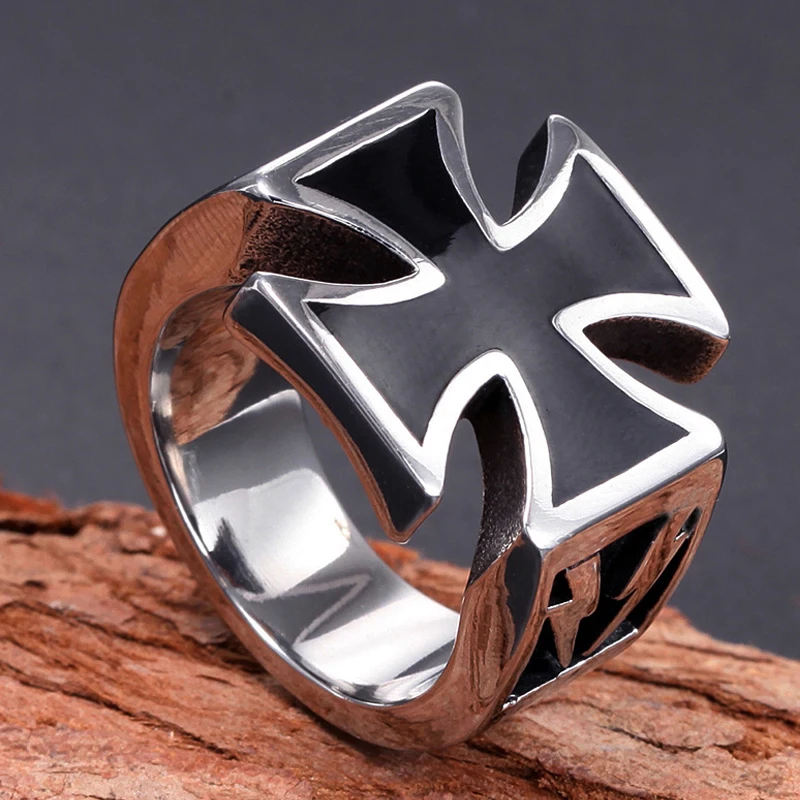 Классический 316L Нержавеющая сталь кольцо с железным крестом мужские черные