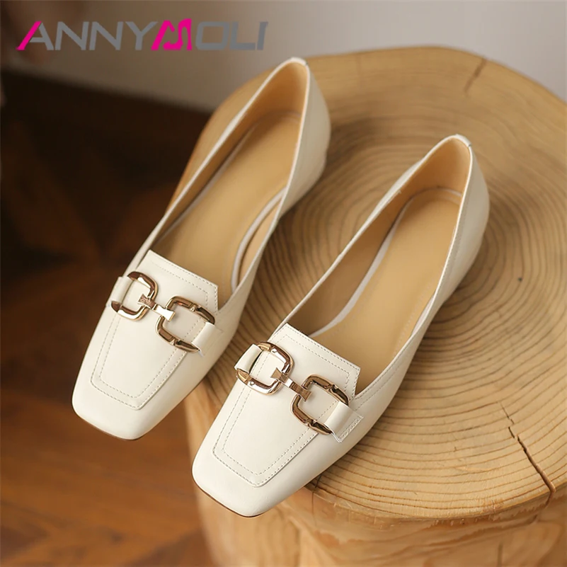 

ANNYMOLI Real Genuine Leather Flat Shoes Women Loafers Shoes Square Toe Casual Chain Lady Footwear Spring Autumn Beige 2022 New