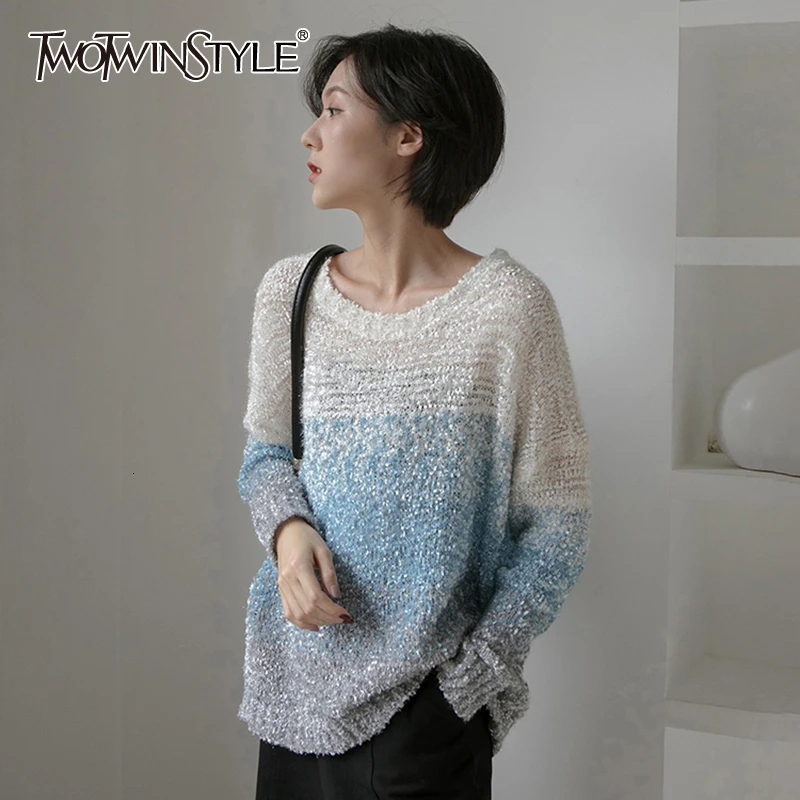 TWOTWINSTYLE/элегантные женские свитера с пайетками в стиле пэчворк круглым вырезом и