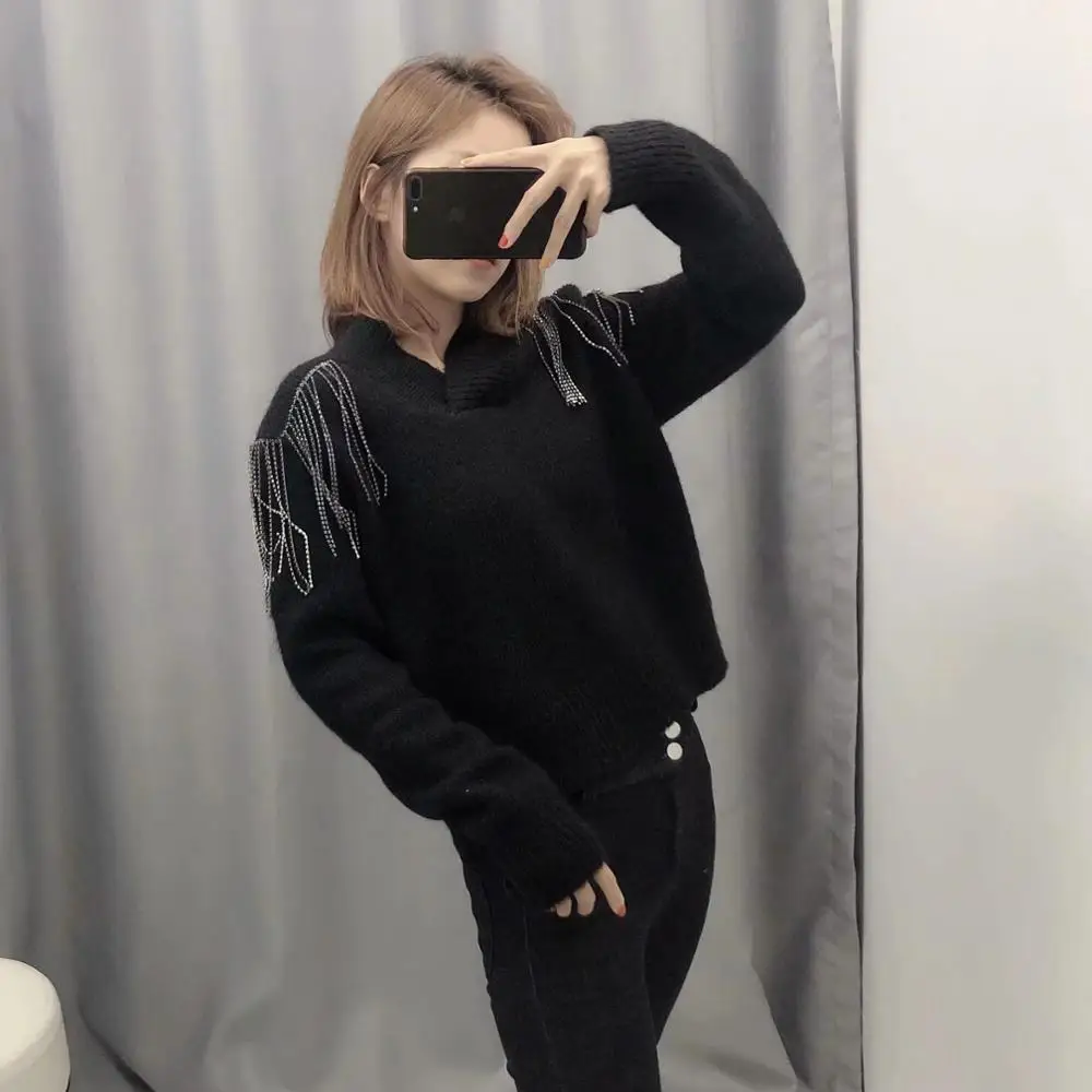 ZA autumn winter women black knitted Metal beaded sweater solid Casual thick pullover female tops woman clothes | Женская одежда