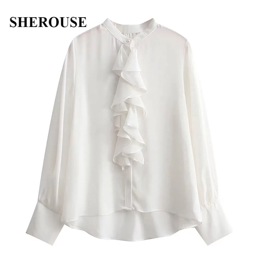 

Sherouse Women Fashion White Shirt with Ruffled Trims Long Cuff Sleeves Single-breasted O-neck Casual Vintage Woman Top