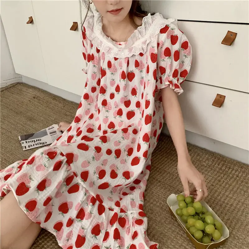 

Strawberry Print Summer Nightgown Women Square Collar Short Sleeve Cotton Sleepwear Kawaii Sweet Home Clothes Comfortable Lace
