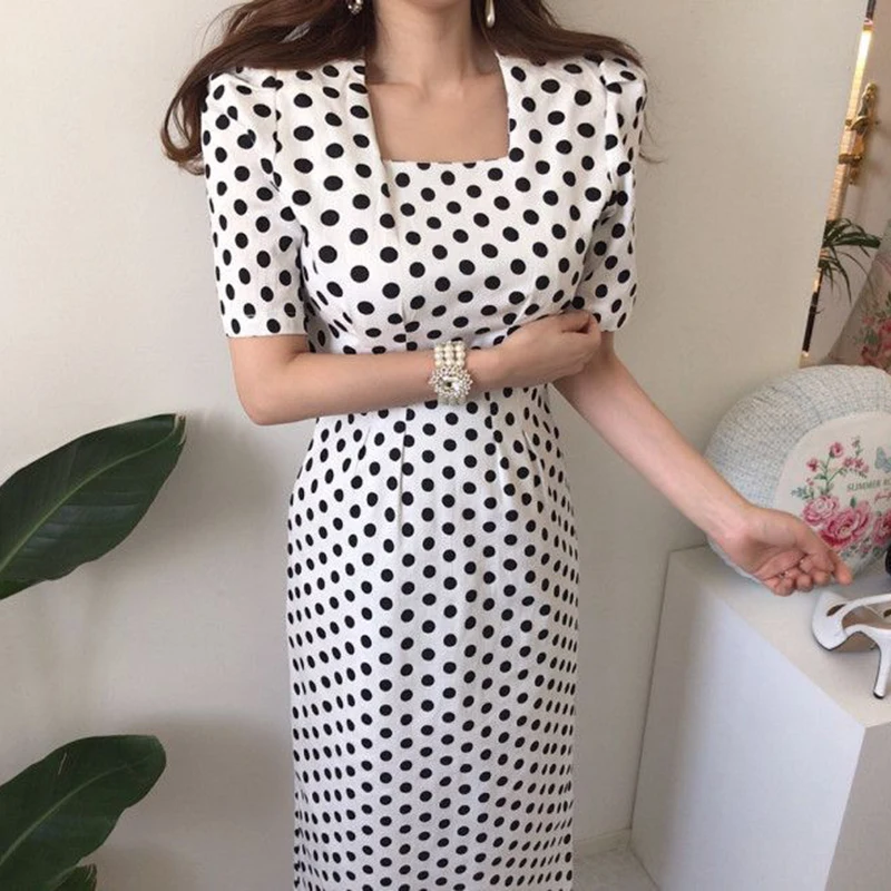 

YAMDI party dresses korean midi dress women elegant a-line vintage woman summer short sleeve 2020 new bodycon polka dot vestidos