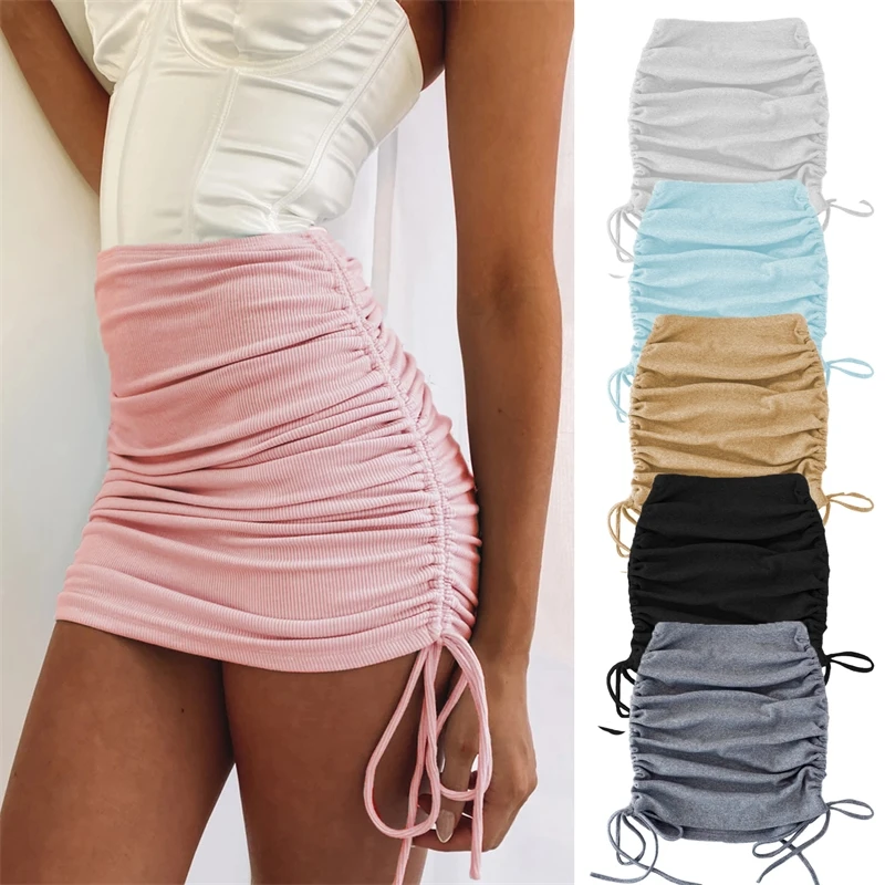 

2021 spring and autumn women's knitting thread side drawstring elastic pleated skirt sexy slim adjustable buttock skirt