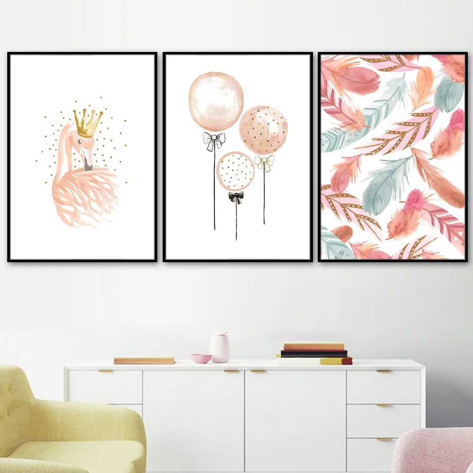Мультфильм Фламинго Корона шар перо скандинавские плакаты и принты настенные
