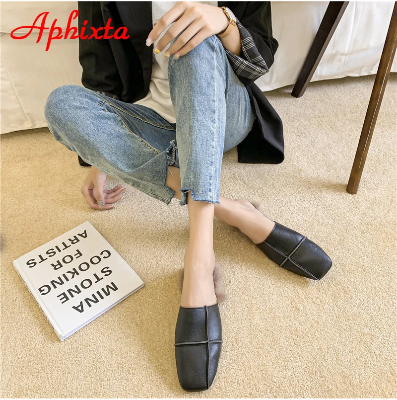 Aphixta/зимние теплые женские шлепанцы с натуральным кроличьим мехом; женские пушистые тапочки; женские шлепанцы на плоской подошве с квадратным носком