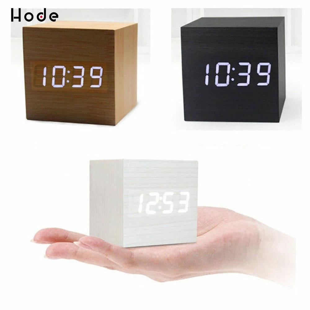 Деревянные бамбуковые часы Cube цифровые настольные будильник термометр
