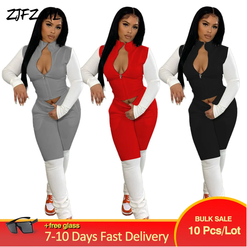 

Wholesale Bulk Items Lots Two Piece Jogging Suit Women Athleisure Suit Contrast Color Zipper Tops and Workout Skinny Sweatpant