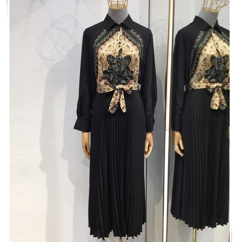 Robe Longue Plissee femme Col классическое черное миди-платье женское Плиссированное с