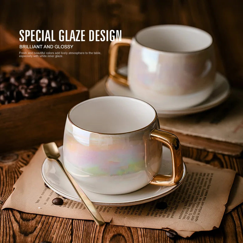 

pearl glaze Ceramic Afternoon Black Tea Cups And Saucers With Spoon Coffee Cup With Tray Porcelain Drinkware Set