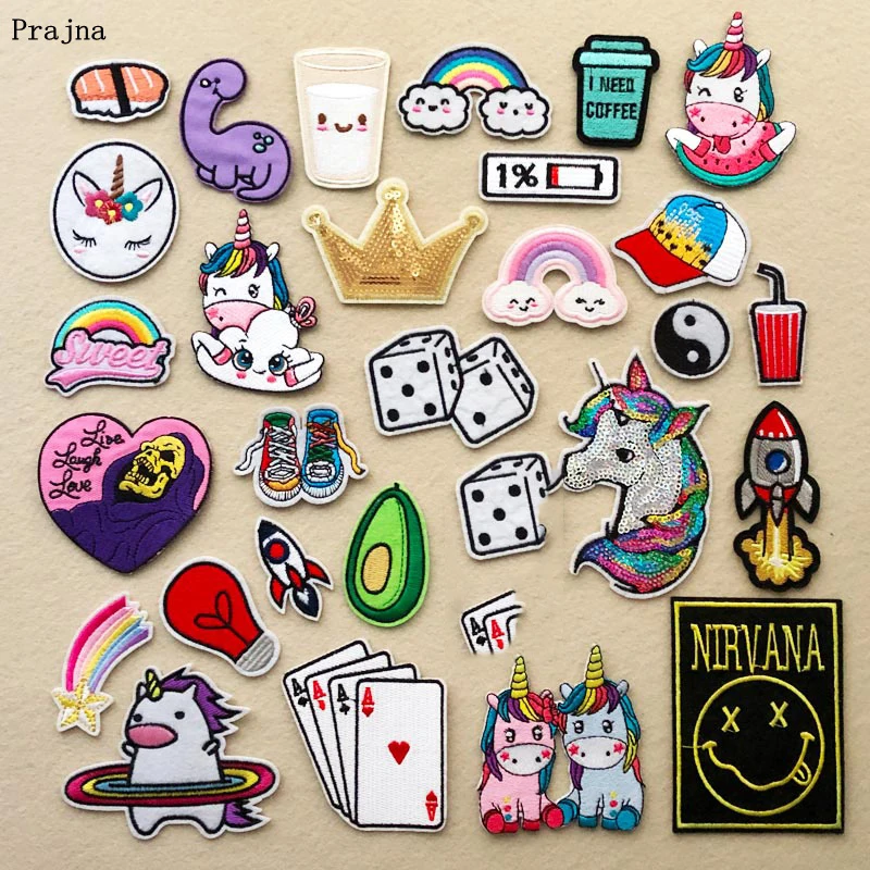 

Prajna Cartoon Unicorn Patches Embroidered Patches For Clothing DIY Rainbow Dice Card Iron On Patches Stripes On Kids Clothes