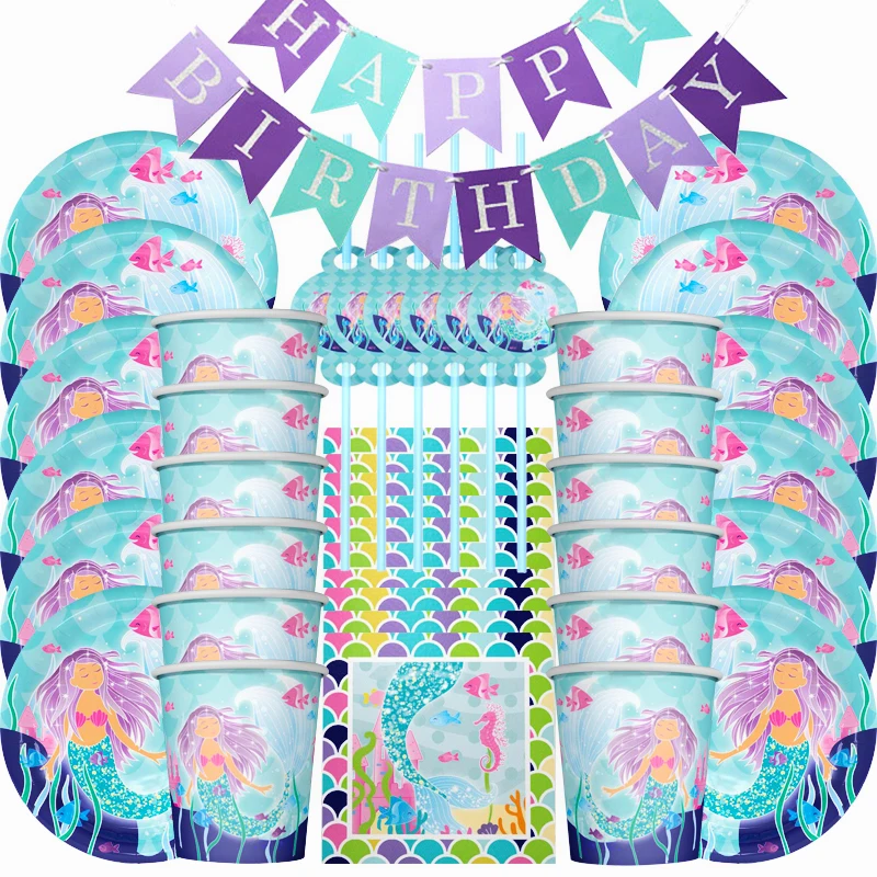 

57pcs Disposable tableware Girlish paper tableware set Plate Cup Baby shower Sea Mermaid theme birthday party decorations kids