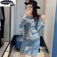 Fashion Women Beaded Sequined Plaid Tweed Jacket Mini Two Piece Sets 2021 New O-Neck Blue Elegant Ladies Skirt Set S-L
